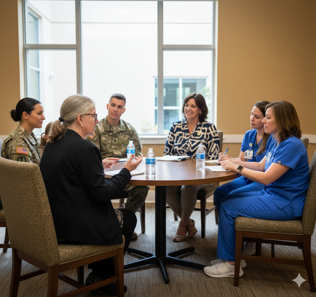 Military personnel and healthcare providers meeting around a table